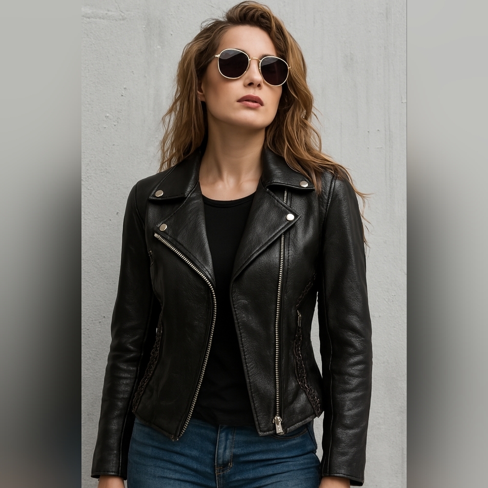 FIRST CLASSICS Preppy Biker Outdoors‎ S Motorcycle Black Leather Jacket (#1,241)